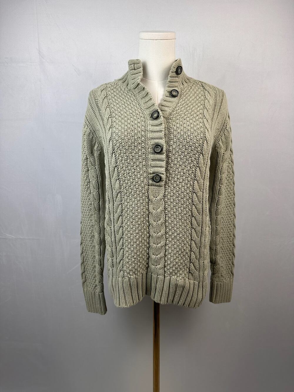 Leo & Nicole Womens M Sage Green Cable Knit Chunky 100% Cotton Button Sweater